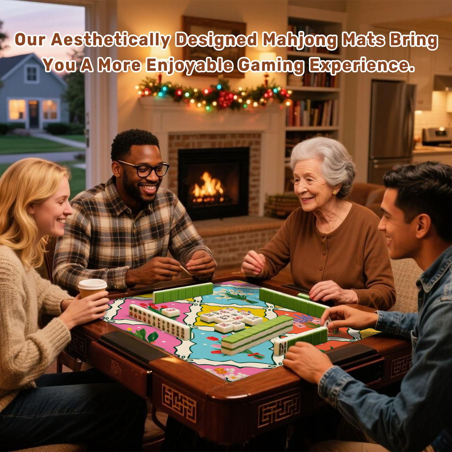 Mahjong Mat 31.5" x 31.5" Floral Colorful Bouquets Geometric Shapes Vibrant Non-Slip Noise Reduction American Mahjong Tiles Table Cover for Dominoes Poker Card Board Games Gift