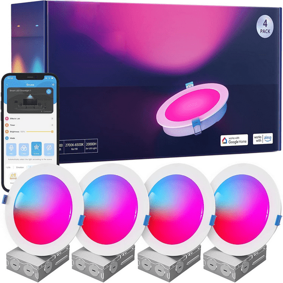 Smart Recessed Lighting 6 Inch, Wi-Fi Bluetooth Direct Connect RGBWW LED Downlight, 65 Scene Mode, Canless Recessed Light Work with Alexa & Google Assistant with Junction Box, 1100 Lumen, 4 Pack