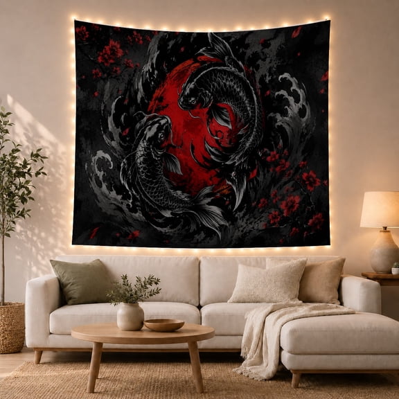 Yin Yang Koi Fish Against Dark Background, Mystical Japanese Inspired for Anime Fans, Elegant Wall Art, Housewarming Gift, Tapestry Wall Hanging for Bedroom and Living Room