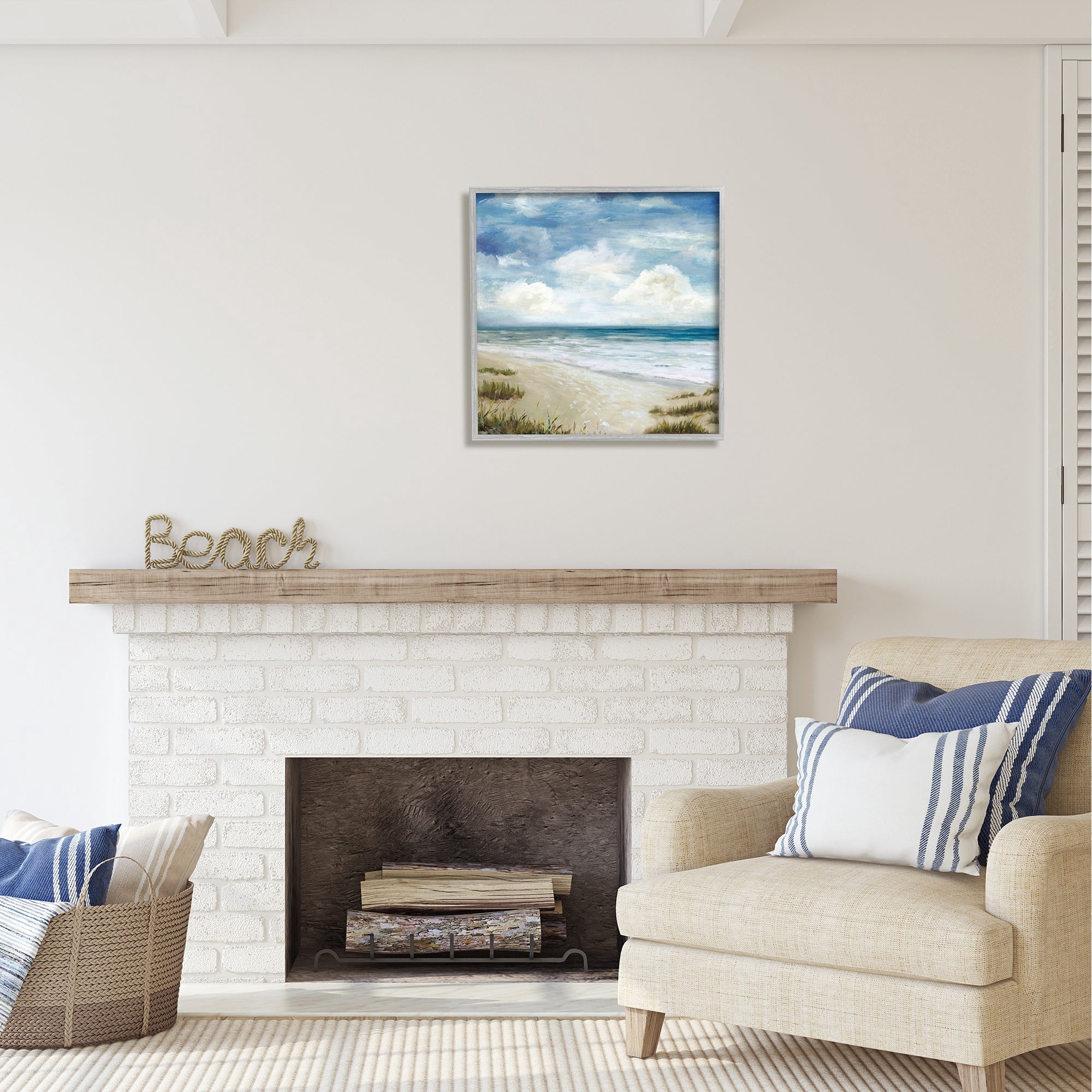 Stupell Industries Soft Clouds over Beach Nature Painting Gray Framed Art Print Wall Art, 24 x 24