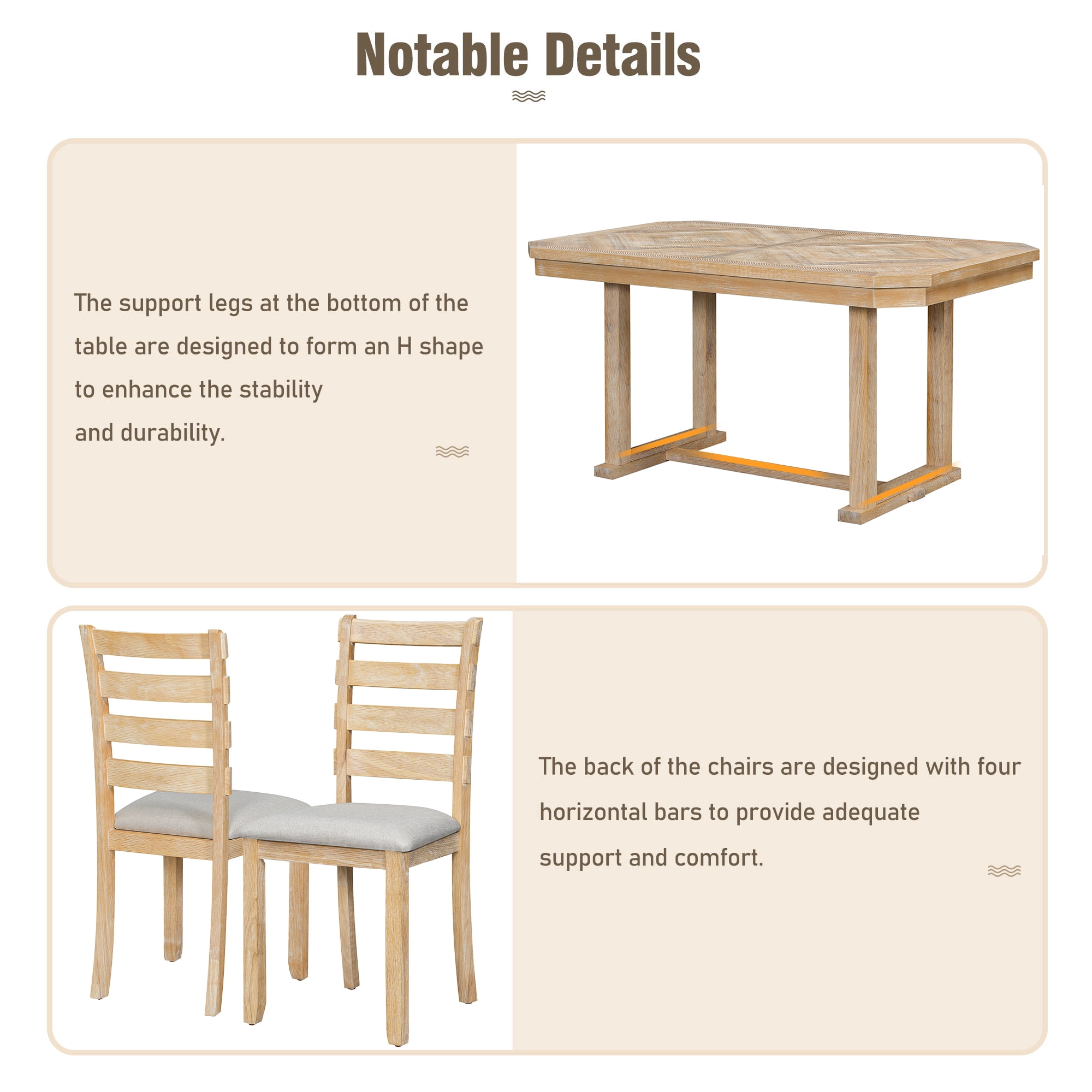 Euroco 6-Piece Rubber Wood Dining Table Set for 6, Farmhouse Kitchen Table Set with Beautiful Wood Grain Tabletop, 4 Upholstered Chairs & a Bench for Dining Room,Natural