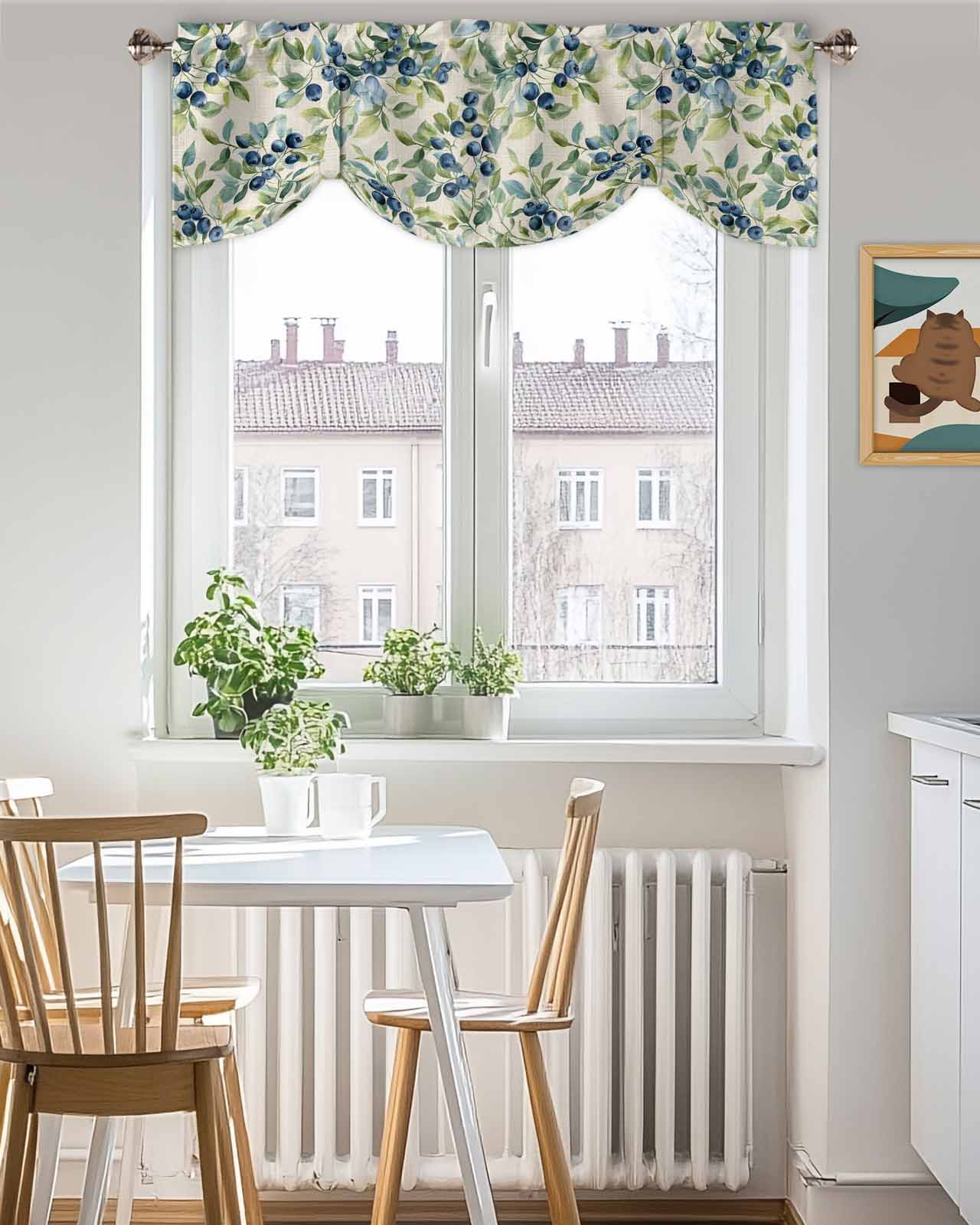 Blue Blueberry Tie Up Valances Curtain, Adjustable Kitchen Green Leaf Pastoral Plant Vintage Linen Valances for Windows Decor, Rod Pocket Short Curtains Set for Bedroom/Bathroom, 54"x18"