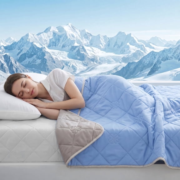 1Pc Lightweight Cooling Summer Blanket, Silky Breathable Bed Blanket, Reversible Cooling Blanket for Hot Sleepers, Soft Lightweight Blanket for All Seasons，Light Blue Twin