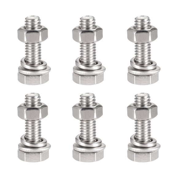 Unique Bargains M6 x 20mm 304 Stainless Steel Hex Head Screws Bolts, Nuts, Flat & Lock Washers Kits 6 Sets