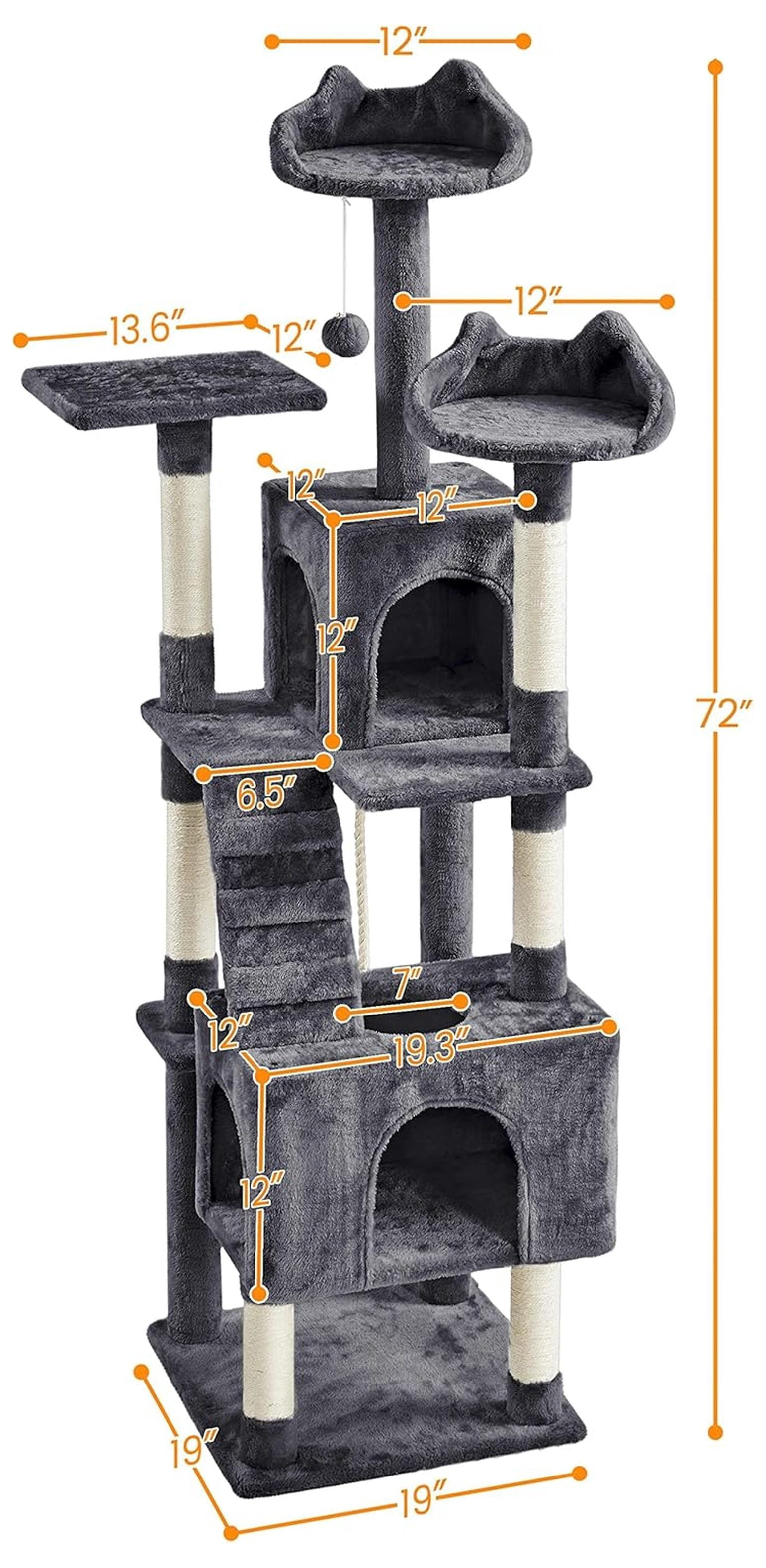 72in Cat Tree for Indoor Cats, Multi-Level Tower with Scratching Posts, 3 Perches, Condo, Pet Furniture Activity Center Play House