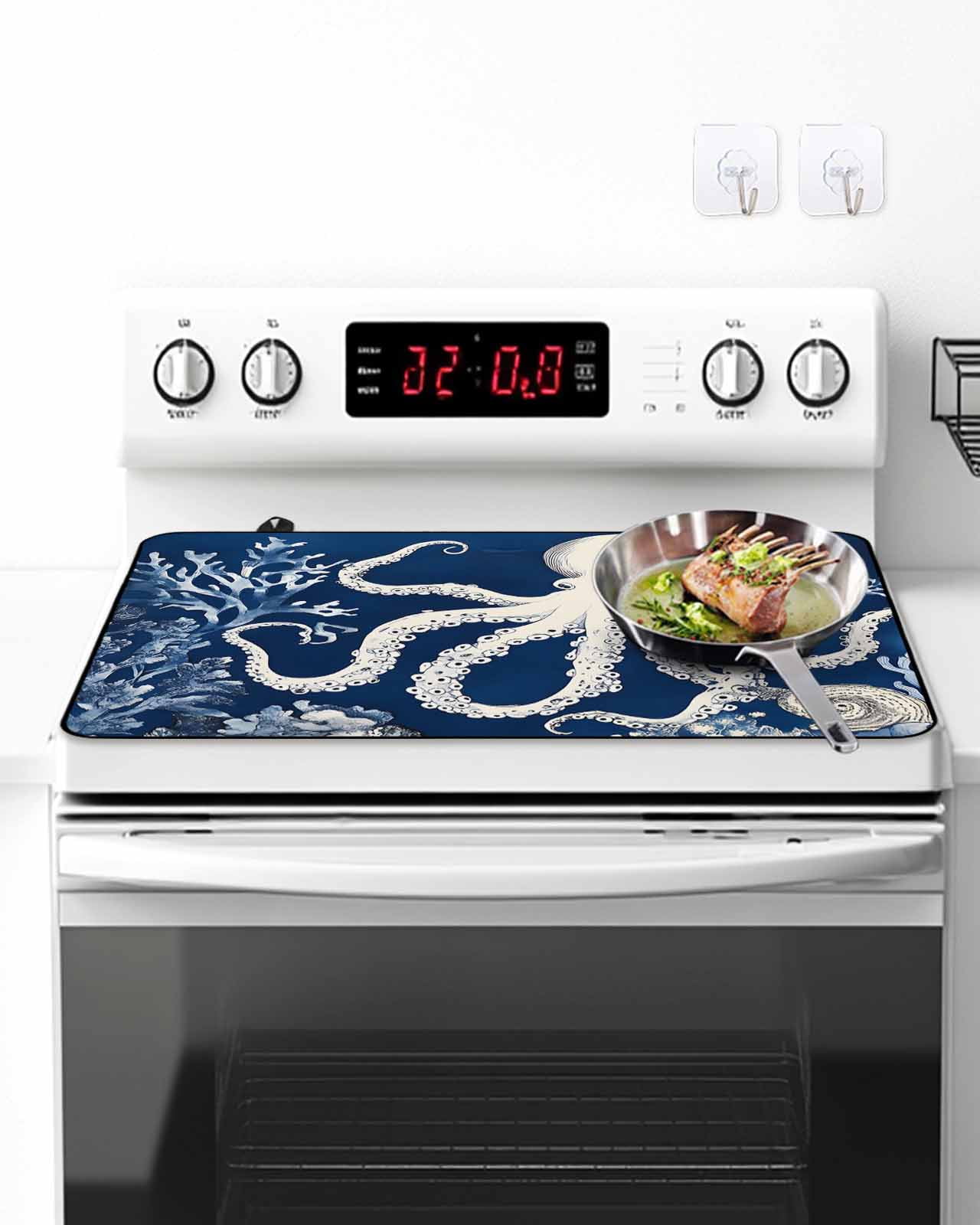 Stove Top Covers for Electric Stove, Beige Octopus Coastal Glass Stovetop Cover Protector, Navy Blue Nautical Ocean Coral Induction Cooktop Protector Oven Mat for Kitchen Countertop 24"x21"