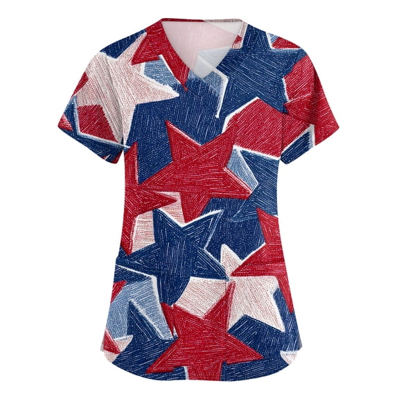 Medical Scrub Tops for Women 250 Anniversary USA 4th of July V-Neck Scrubs Shirts Short Sleeve Patriotic Nurse Uniform with Pockets 01-Dark Blue L