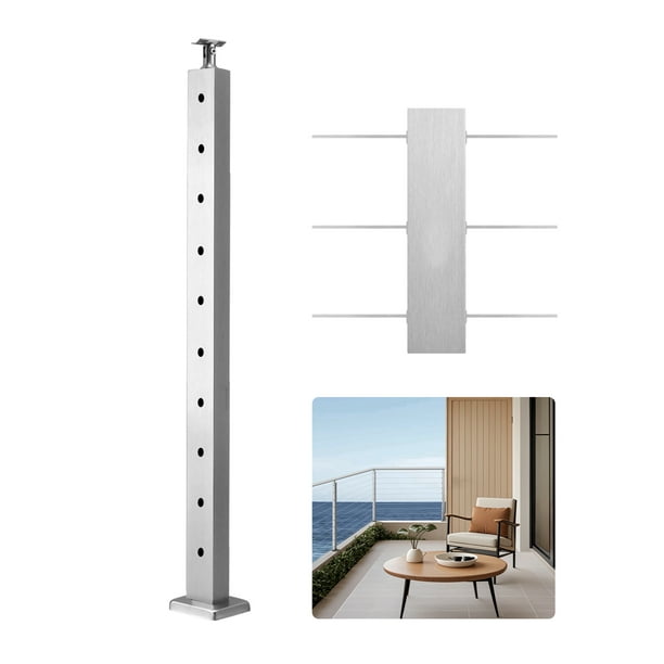 VEVOR Poste de Pasamanos de Cable Poste de Barandilla para Escalera de Terraza 91,4x2,5x5 cm Poste de Acero Inoxidable con Piquetes Preperforados Soporte de Montaje, Plateado