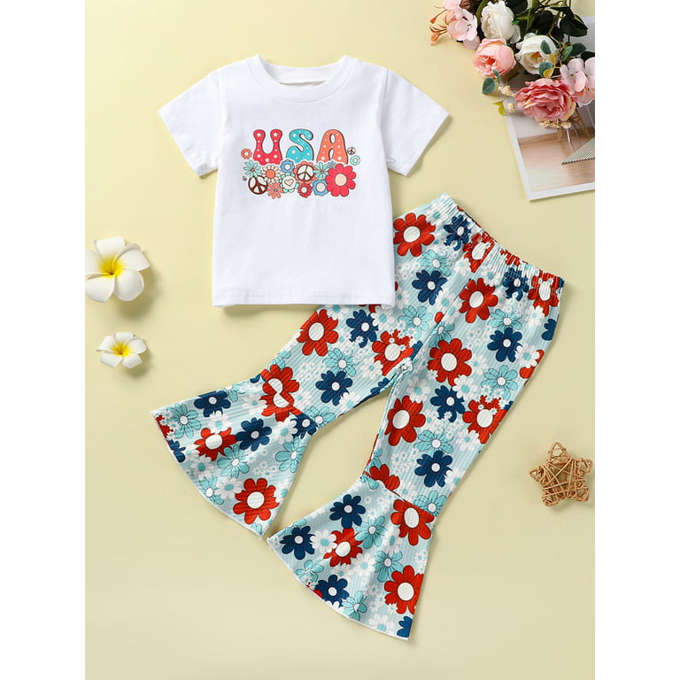 LBECLEY Baby Girl Name Brand Clothes Toddler Girls Clothes Bell Bottom Sets  Letter Print Short Sleeve T Shirt Tops Floral Flared Pants Kids Summer