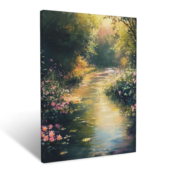 CozyNet Dreamlike Riverbank Scene With Glowing Flowers, Cascading Greenery & Soft Reflections Wall Art Prints With Frame Canvas Perfect for Living Room & Bedroom, Ready to Hang, Wall Decor 12"x16"in