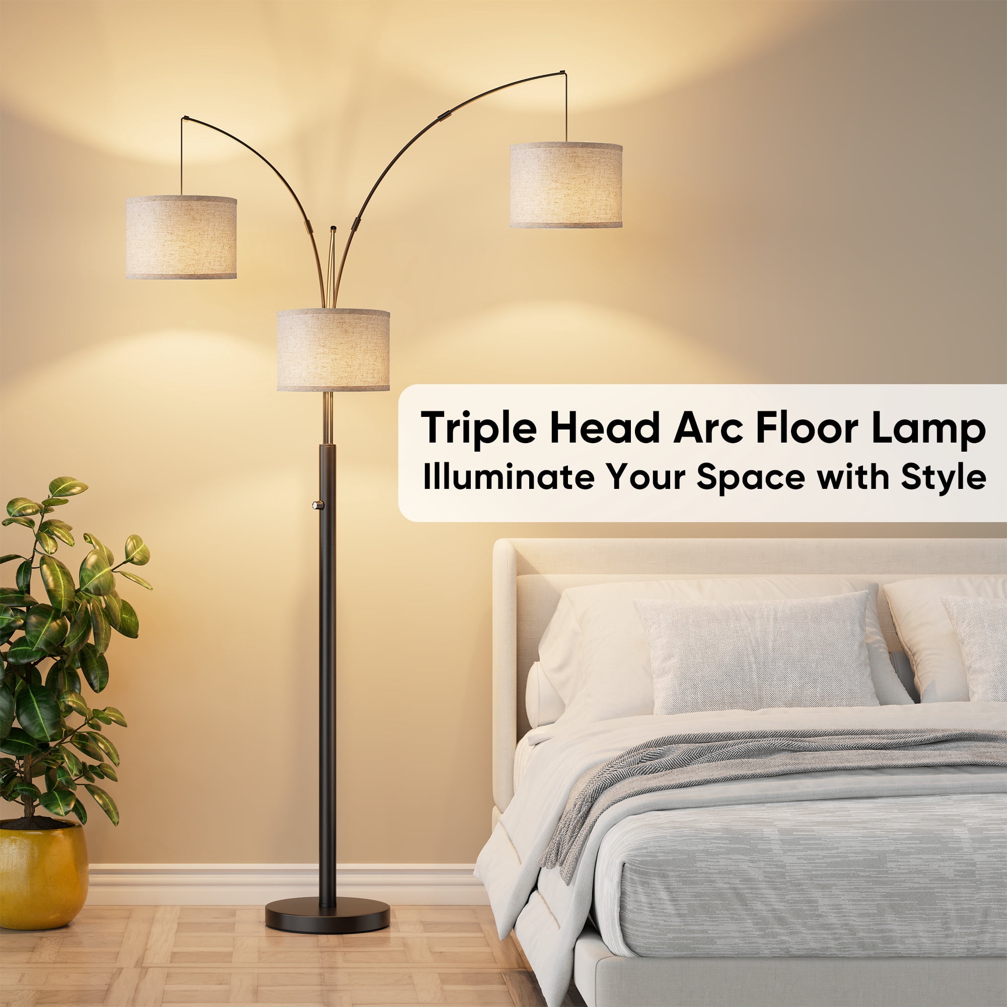 Newest 67” Modern 3-Head LED Floor Lamp with 3-Color Dimmable Light, Adjustable Black for Living Room