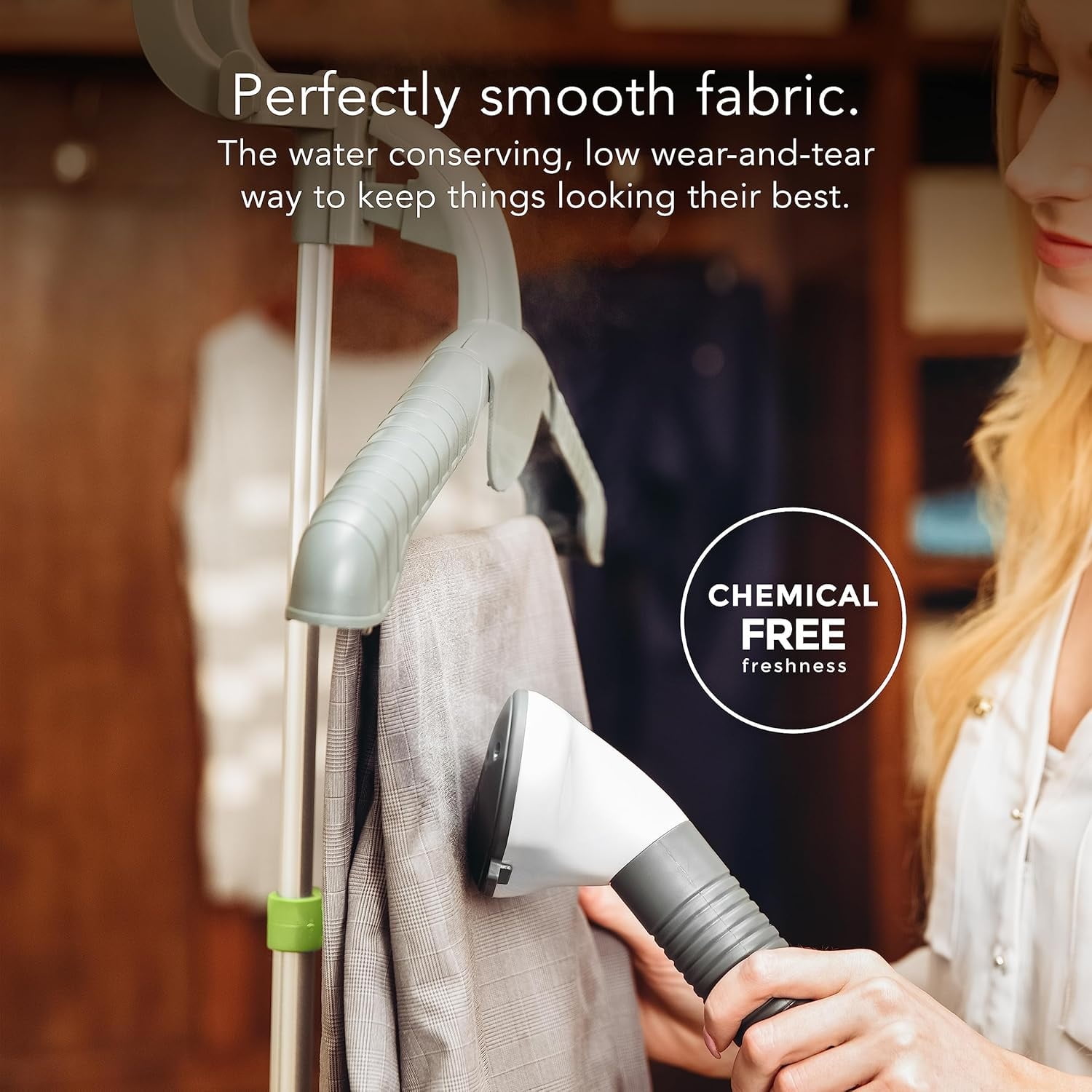 Full Size Fabric Steamer with Insulated Hose, Clothes Hanger, and Fabric Brush, Quick Heat-Up Time, 70-Ounce Water Tank, Chemical-Free Steam, Integrated Cord Wrap, White