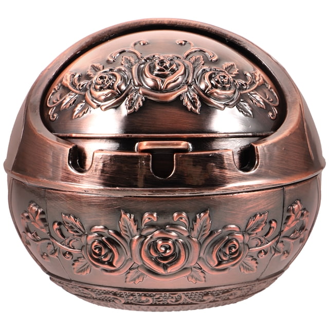 Brown Aluminum Alloy Ashtray with Lid for Home Use Vintage Rose Pattern Desktop Accessory 4.7 Inches