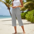 thumbnail image 5 of Cotton Linen Capri Pants for Women Elastic Waist Drawstring Buttoned Split Hem Cropped Trousers Loose Fit Casual Pants , #02 Gray, 3XL, 5 of 8