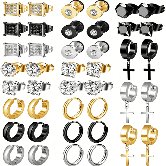 DESIGNICE 21 Pairs Stainless Steel Earrings for Men Inlaid Cross Dangle Hinged Earrings Hoop Cz Stud Hypoallergenic Earrings Huggie Earrings Set for Women Men Ear Piercing Jewelry Black Steel Gold
