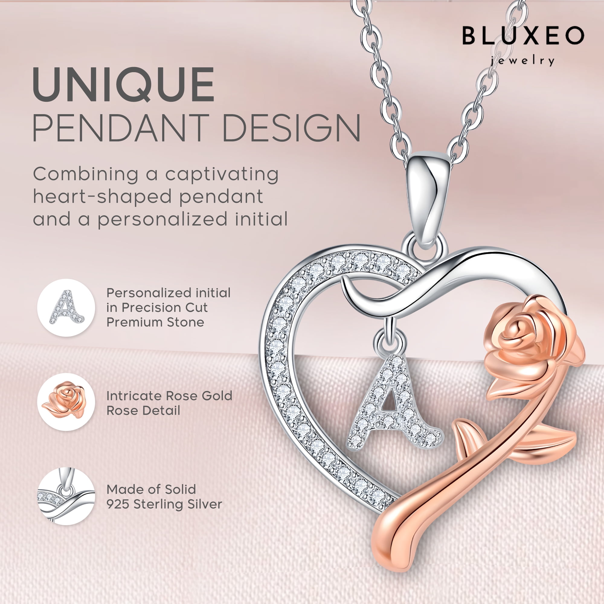 Bluxeo 925 Sterling Silver Rose Heart Initial Necklace, Christmas Gifts for Women Wife  Anniversary Birthday Gifts for Women, Jewelry Gift for Her Wife Girlfriend Mom Daughter