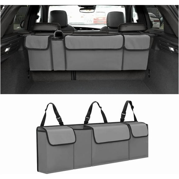 Car Trunk Organizer, Backseat Hanging Large Storage with Adjustable Straps, Waterproof Collapsible Cargo Bag with 4 Pockets, Sturdy Space Saver Frees Trunk Floor for SUV, Truck, MPV
