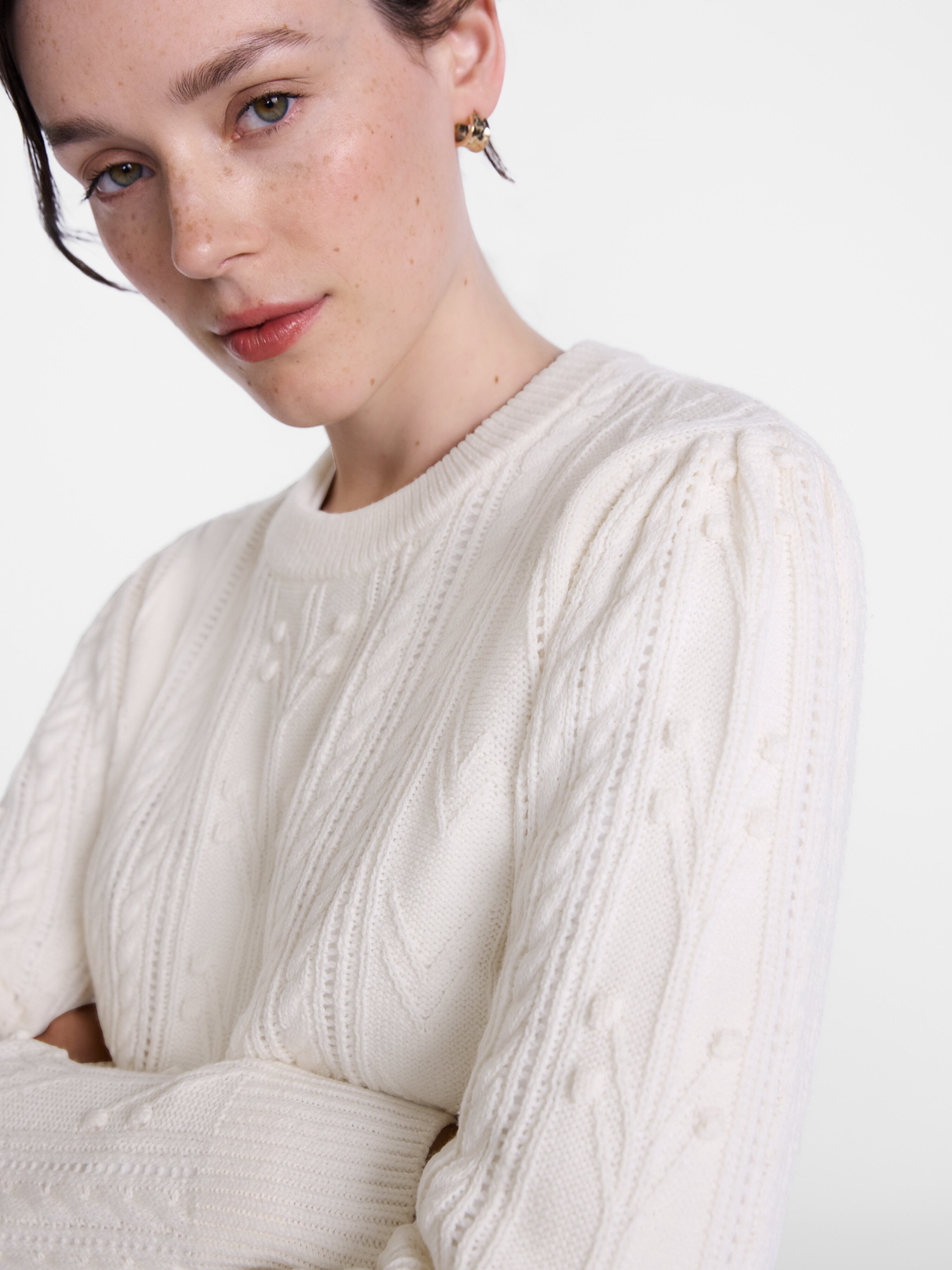 Scenario Women's Pointelle Sweater with Long Puff Sleeves, Lightweight, Sizes XS-XXXL