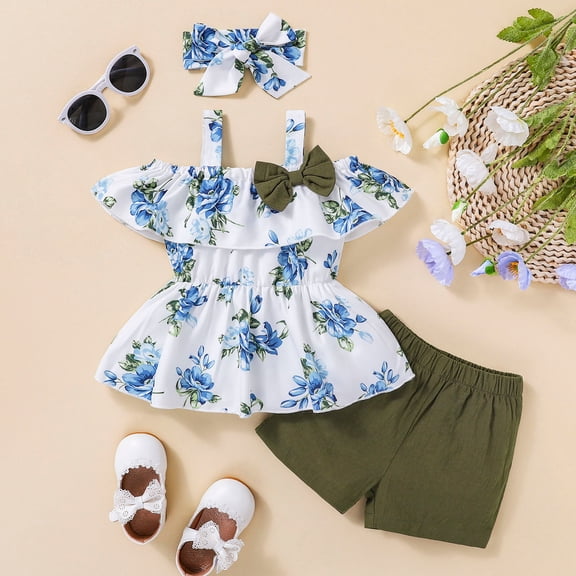 Vedolay Girls Outfits Girl's 2 Piece Outfits Short Sleeve Summer Crop Top Shorts Set,Green 12-18 Months