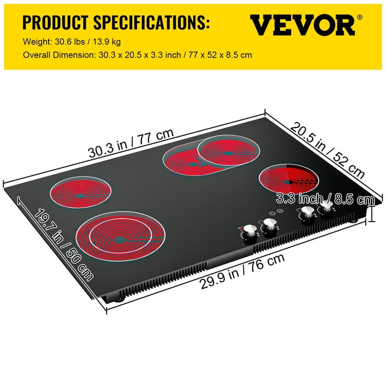 VEVOR Built-in Induction Cooktop, 12 inch 2 Burners, 220V Ceramic Glass  Electric Stove Top with Knob Control, Timer & Child Lock Included, 9 Power