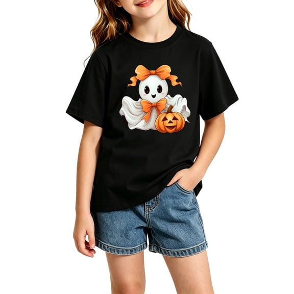 Girls Short Sleeve T-Shirts Kids Halloween Cute Ghost Print Tops Crewneck Tees (A3-Black 7-8 Years)