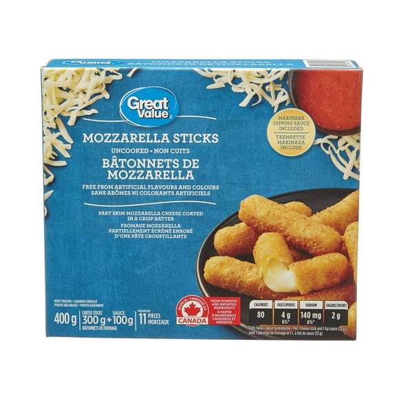 Bâtonnets de mozzarella surgelés Great Value avec trempette marinara 11 pièces, 400 g