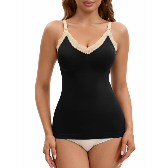 INSPIRE CHIC Women's Lace V Neck Pregnancy Cami with Built-In Bra Maternity Nursing Tank Top for Breastfeeding S Black