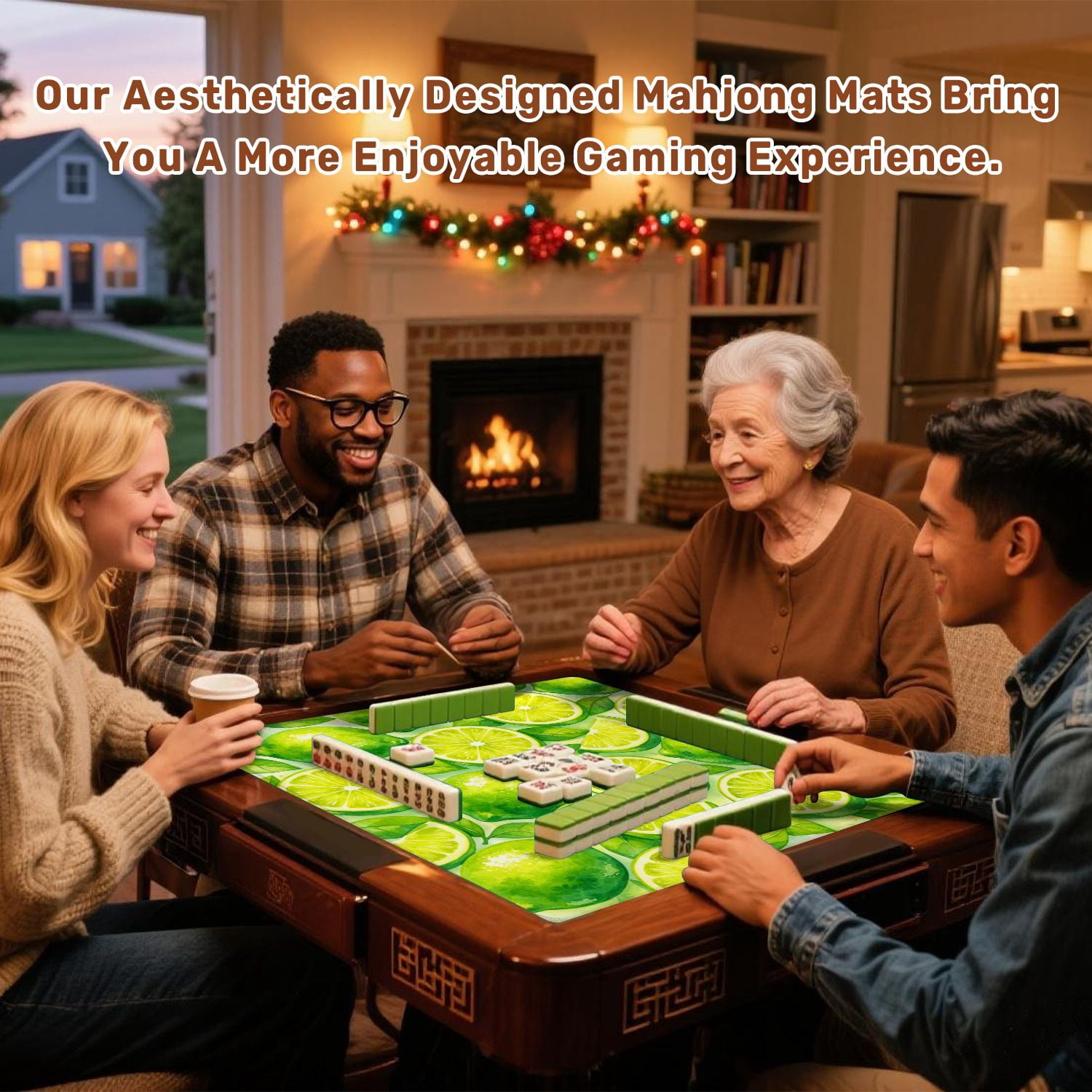 Mahjong Mat 31.5" x 31.5" Fresh Green Lemons Slices Green Leaves Watercolor Anti-Slip and Noise Reduction Symmetry Design Mahjong Tiles Table Cover for Dominoes Poker Card Board and Tile Games