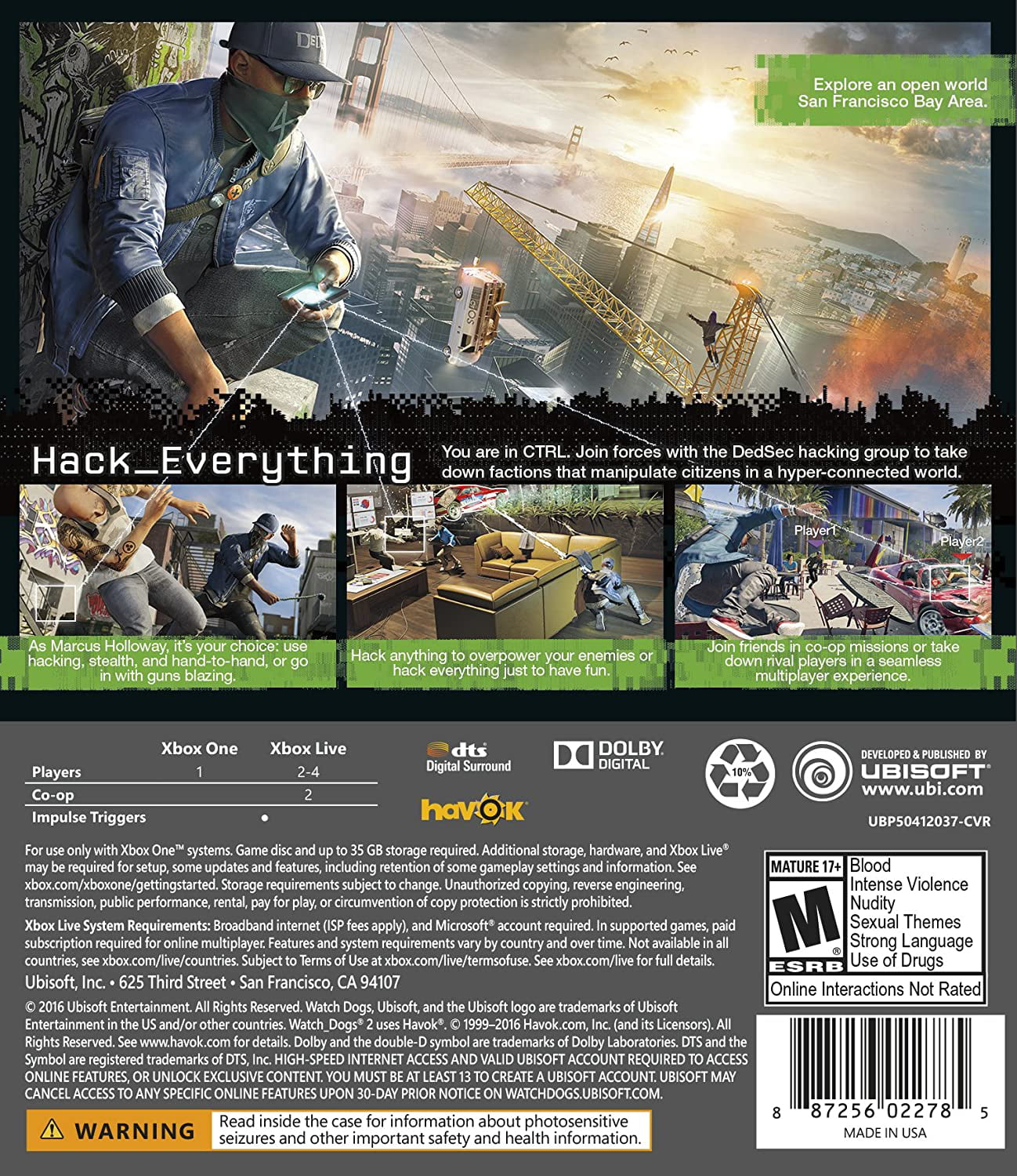 Niet genoeg paniek bovenste Watch Dogs 2, Ubisoft, Xbox One, 887256022792 - Walmart.com