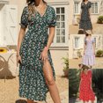thumbnail image 1 of pstuiky Robes pour Jeunes Adultes, Mode Femme Décontractée à Col en V en Mousseline Florale Bohème Plage Robe à Manches Courtes Tenue de Travail Robes Liquidation, 1 of 6