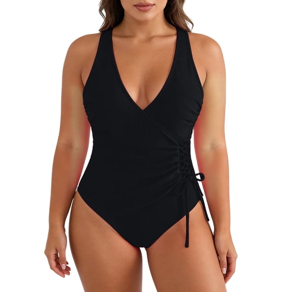 UTSJKR Women's V-Neck Color Block One-Piece Swimsuit, Double Strap Bathing Suit with Contrast Trim Black L