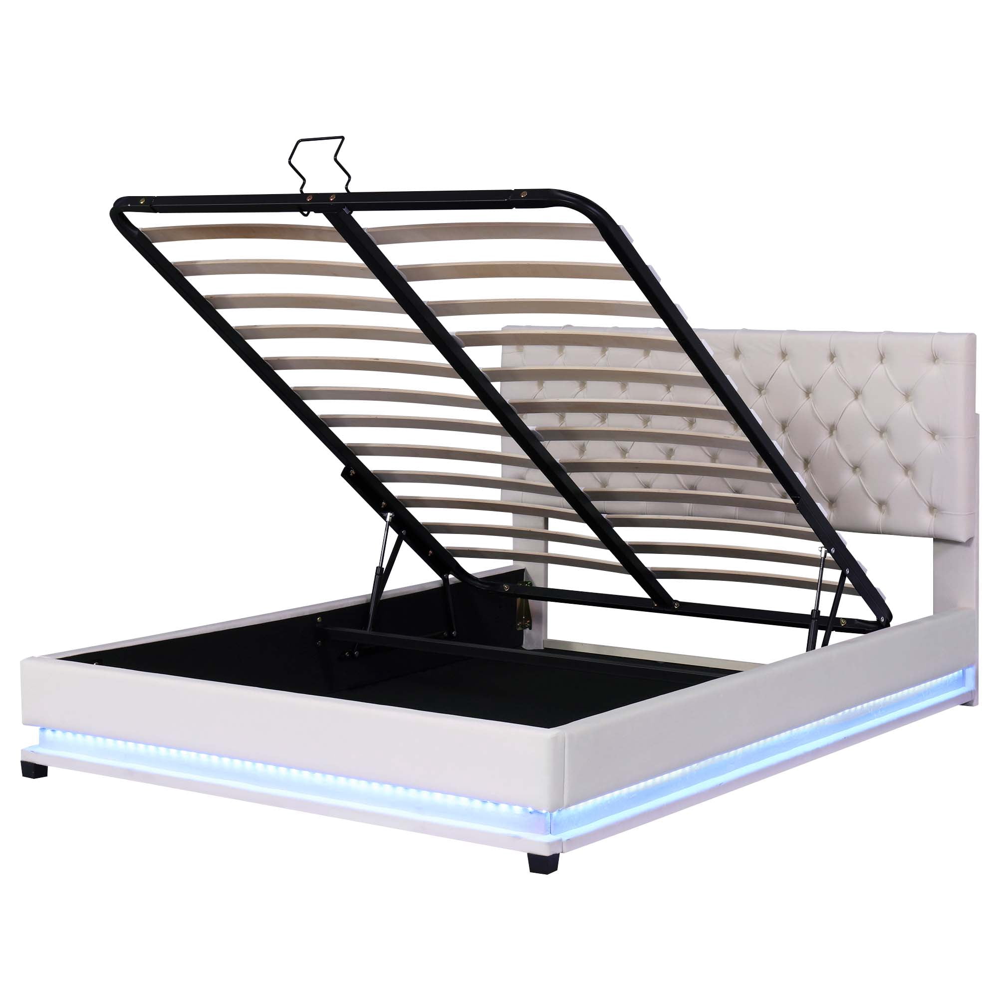 Aukfa Queen Upholstered Platform Bed with LED Light, Lift Up Storage Bed with Hydraulic Storage System - Beige