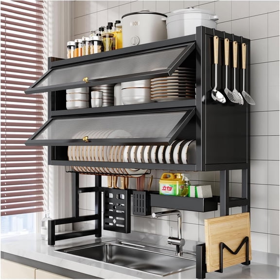 HOUGEET Dish Drying Rack Over The Sink, 2-Tier Kitchen Utensil Storage Organizer Shelf, Space-Saving ，Efficient Sink Drainer and Storage Solution - 85cm/33.46in (Black