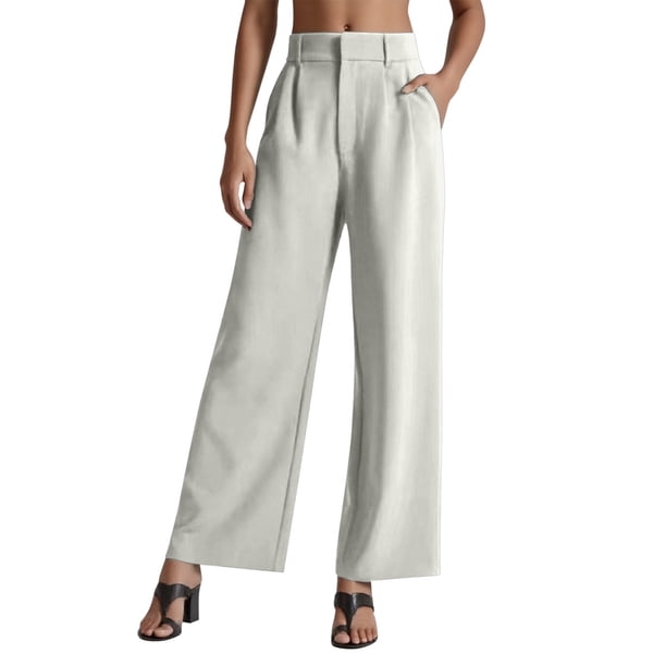 Pantalones de vestir de cintura alta y pierna ancha para mujer - Pantalones de trabajo con pliegues, elástico en la parte trasera y bolsillos laterales
