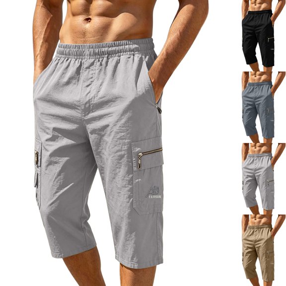 Big & Tall Men's Cargo Capri Pants Lightweight Quick Dry 3/4 Below Knee Loose Fit Elastic Waist Drawstring Zipper Pockets for Hiking Travel, Khaki, XL