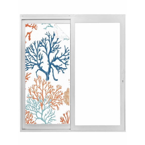 Ocean Coral Window Privacy Film, Coastal Orange Blue Green Nature Abstract Static Cling UV Sun Blocking Tint Film Heat Control Windows Films for Bedroom Bathroom, Window Stickers 17.7"x39.3"