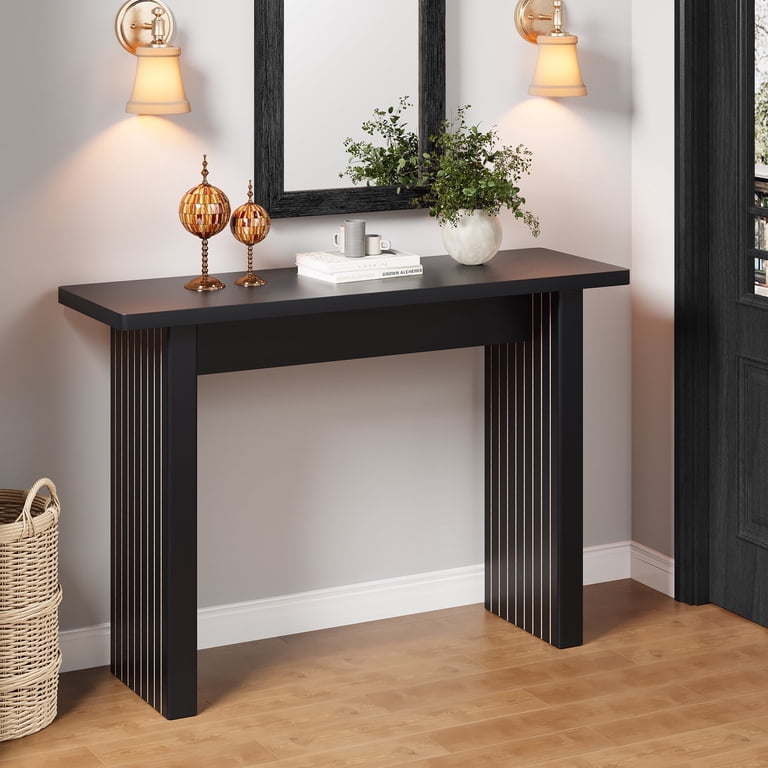63-Inch Black Console Table With Storage – Modern Entryway, Sofa Table With Grooved Design For Living Room Or Hallway