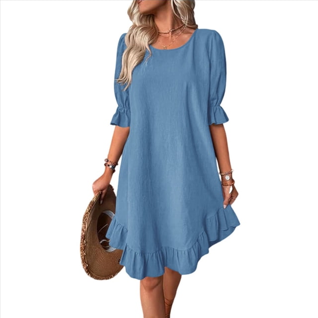 Vestido Corto Holgado con Mangas Abullonadas, Bajo con Volantes, Cuello Redondo y Fruncido, Color Azul Pavo Real XL