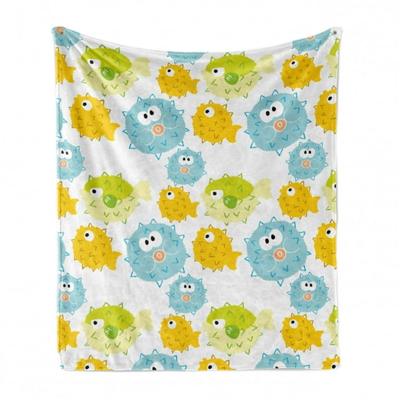 Cartoon Soft Flannel Fleece Throw Blanket, Funny Fishes Swimming in the Sea Underwater Childish Aquarium Animals, Cozy Plush for Indoor and Outdoor Use, 60" x 80", Orange and Pale Blue, by Ambesonne