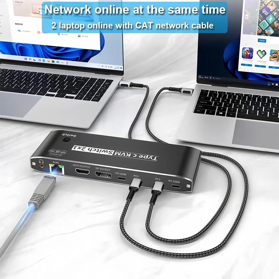 AUBEAMTO 2x1 8K Thunderbolt 4 USB C KVM Switch RJ45 100W PD Charge 4K 144Hz Type C KVM Switch Switcher for 2 Computer 1 Monitor