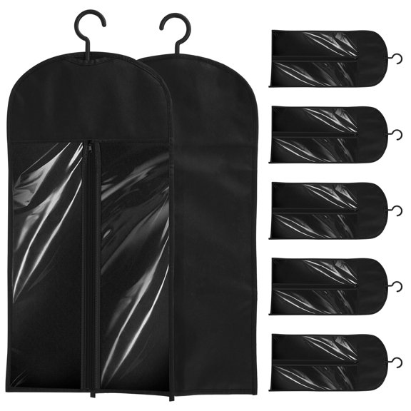 6/12 Pcs Hair Extension Storage Bag with Hooks Nonwoven Hair Extension Storage with Clear PVC Window Dustproof Wig Storage Bags for Multiple Wigs Black
