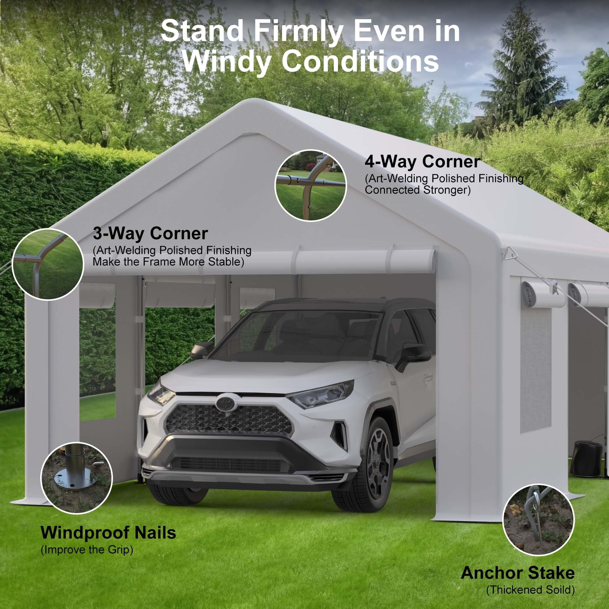 Kicctian Heavy Duty 12x20 FT Carport, Portable Carport Garage, with Removable Walls, 4 Doors & 4 Windows, Waterproof & UV-Resistant, Ideal for Cars, Trucks, Boats, RVs