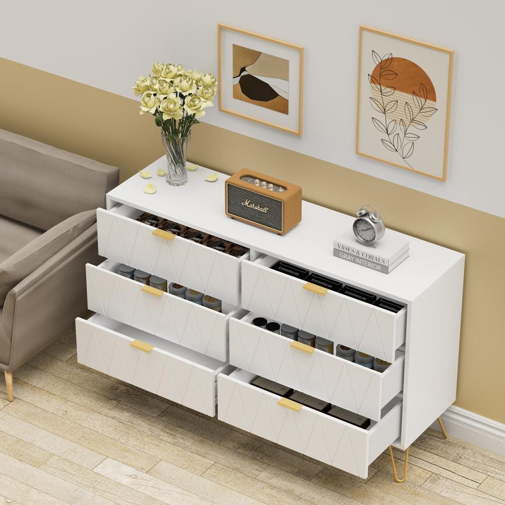 Eclife 48" Large 6-Drawer Double Dressers Chest for Bedroom Wood Top Metal Handles for Living Room Home