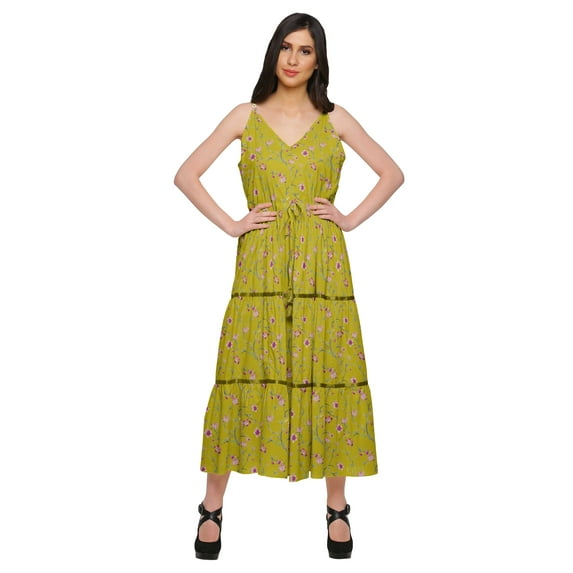 Moomaya Cotton V Neck Sleeveless Long maxi Dress Spaghetti Strap Casual Clothing