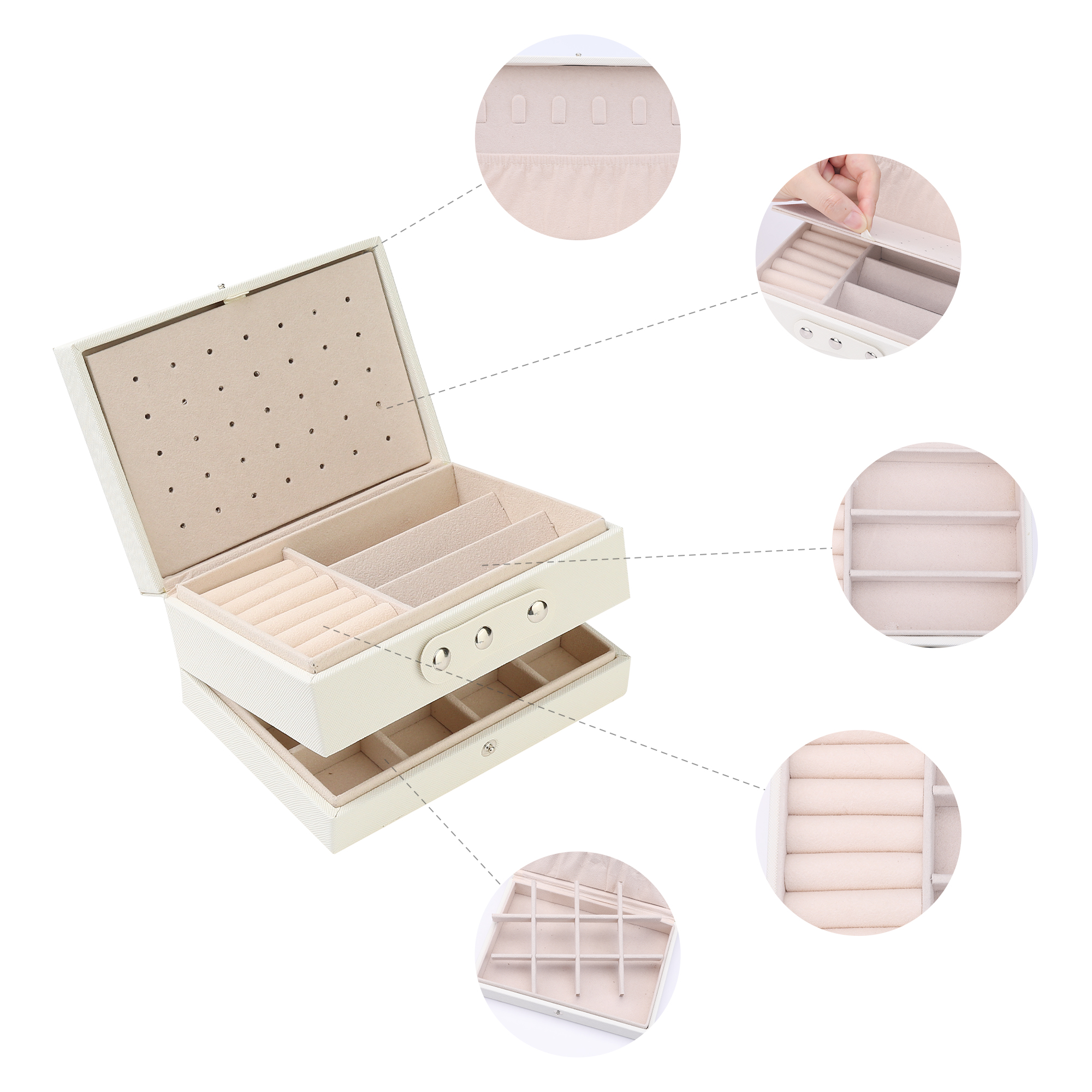 Unique Bargains 2 Layer Jewelry Box PU Leather Jewelry Case for Earring Necklace Ring Beige
