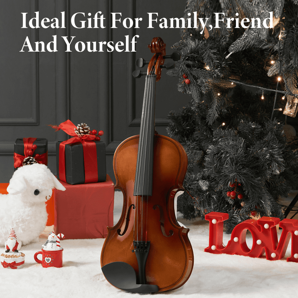 Tcbosik 4/4 Full Size Acoustic Violin Set with Case, Fiddle Starter Kit with Bow, Bridge, String, Clip-on Tuner and Shoulder Rest, Brown+Natural