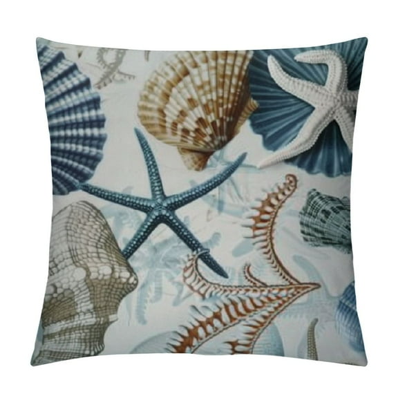 Creowell Nautical Coastal Throw Pillow Covers Summer Blue Ocean Themed Pillow Covers Seashell Starfish Beach Decorative Pillowcase Square Cushion Cover for Bedroom Sofa Home Decor White