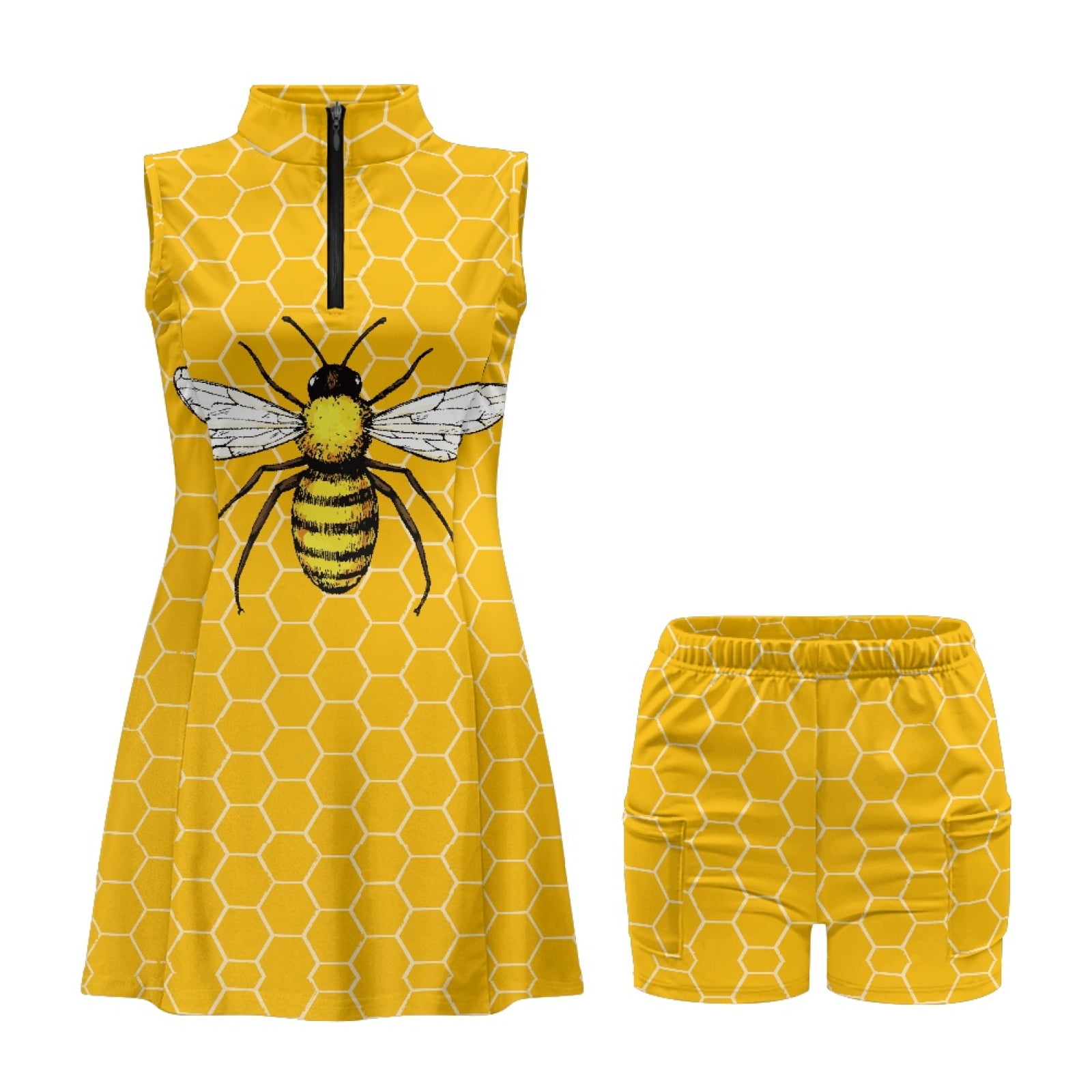 COEQINE Bee and Beehive Yellow Print Women's Golf Dress Sleeveless V-Neck Breathable Athletic Dresses with Built in Shorts and Pockets Lightweight 2 Piece Set Workout Outfits, S