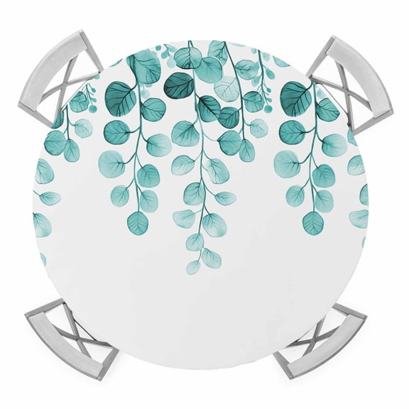Elastic Fitted Round Tablecloth, Turquoise Eucalyptus Leaves Waterproof Stretch Table Cover for 55"-60" Tables, Watercolor Floral Leaf Washable Outdoor Tablecloths for Patio, Picnic, Camping