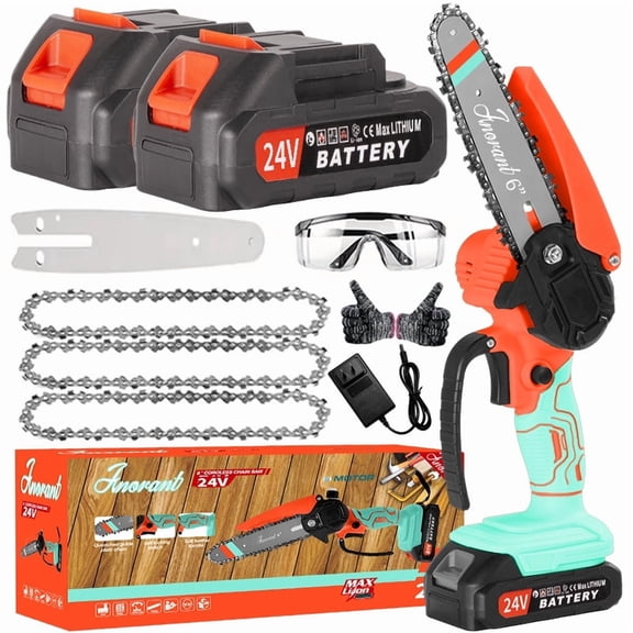 6 Inch Mini Cordless Chainsaw, Handheld Electric Chain Saw with 2 Batteries and 2 Chains for Tree Trimming and Wood Cutting